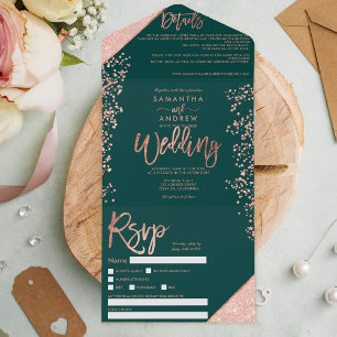 Rose gold glitter confetti emerald green wedding all in one invitation