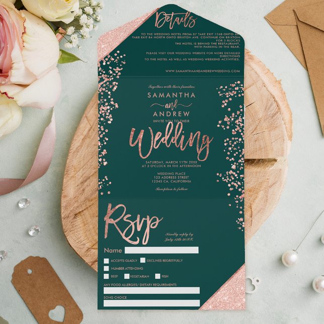 Rose gold glitter confetti emerald green wedding all in one invitation (Creator Uploaded)