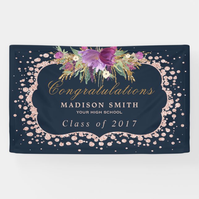 Rose Gold Glitter Confetti Floral Graduation Banner (Horizontal)