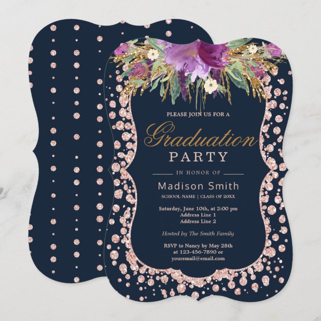 Rose Gold Glitter Confetti Glam Floral Grad Party Invitation (Front/Back)