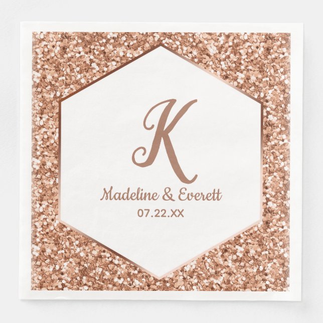 Rose Gold Glitter Confetti Glam Monogram Wedding Napkin (Front)