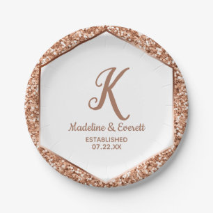 Rose Gold Glitter Confetti Glam Wedding Monogram Paper Plate