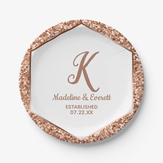 Rose Gold Glitter Confetti Glam Wedding Monogram Paper Plate (Front)