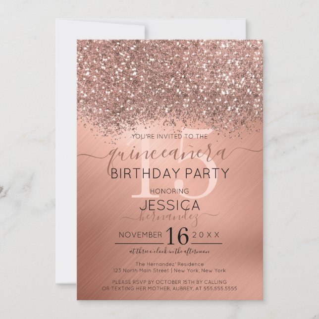 Rose Gold Glitter Confetti Metallic Quinceañera Invitation (Front)
