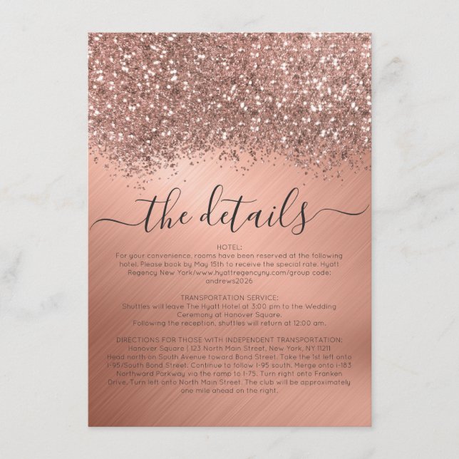 Rose Gold Glitter Confetti Metallic Wedding Detail Enclosure Card (Front)