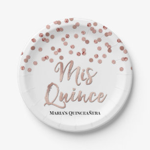 Rose Gold Glitter Confetti Mis 15 Quinceanera Paper Plate