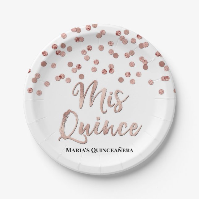 Rose Gold Glitter Confetti Mis 15 Quinceanera Paper Plate (Front)