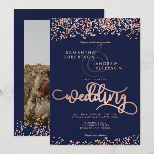 Rose gold glitter confetti navy blue wedding photo invitation