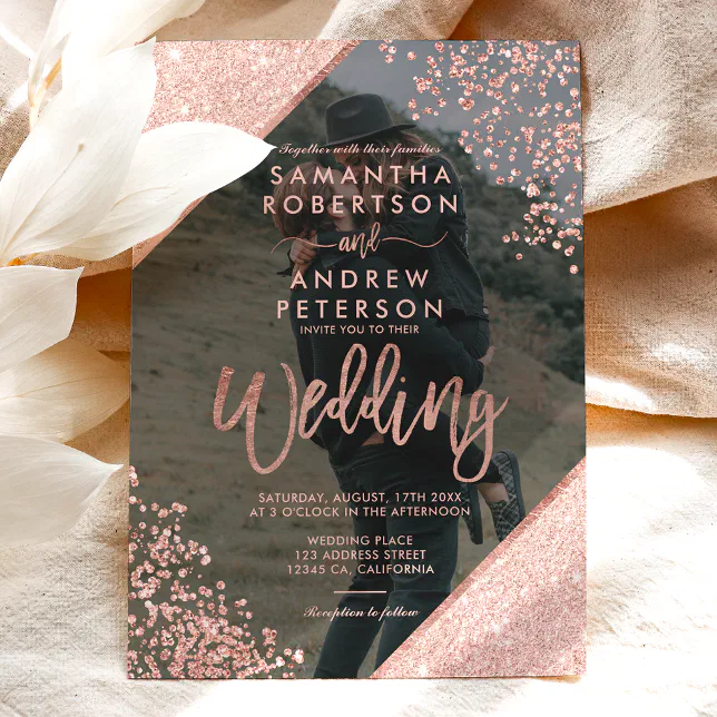 Rose gold glitter confetti navy blue wedding photo invitation | Zazzle