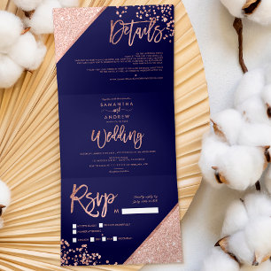 Rose gold glitter confetti navy blue wedding Tri-Fold invitation