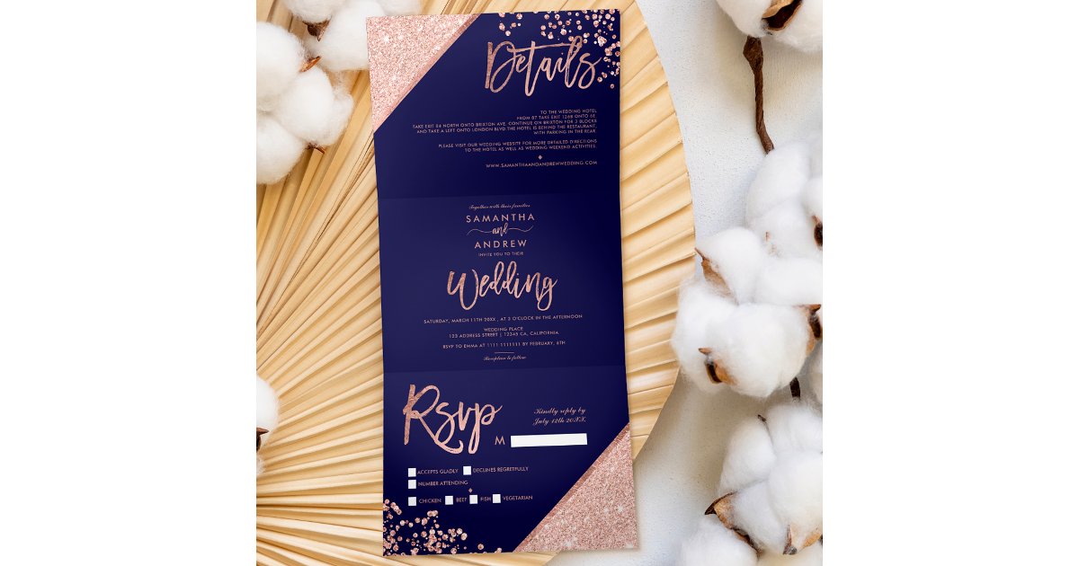 Rose gold glitter confetti navy blue wedding Tri-Fold invitation | Zazzle