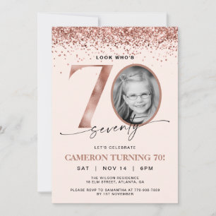 Rose Gold Glitter Confetti Photo 70th Birthday Invitation