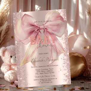 Rose Gold Glitter Confetti Pink Bow Baby Shower Invitation