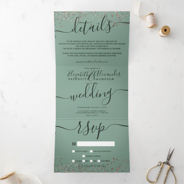 Rose gold glitter confetti sage green chic wedding Tri-Fold invitation (Inside)
