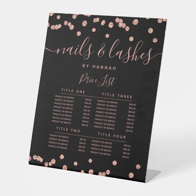 Rose Gold Glitter Confetti Salon Price Menu Black  Pedestal Sign (Front)