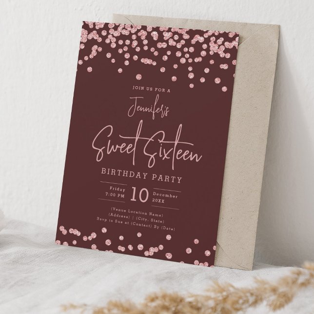 Rose Gold Glitter Confetti Sweet 16 Burgundy  Invitation (Rose Gold Glitter Confetti Sweet 16 Burgundy Invitation)