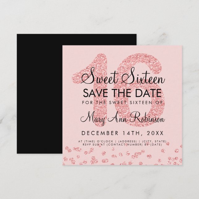 Rose Gold Glitter Confetti Sweet 16 Save The Date Invitation (Front/Back)