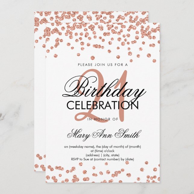 Rose Gold Glitter Confetti White 21st Birthday Invitation (Front/Back)