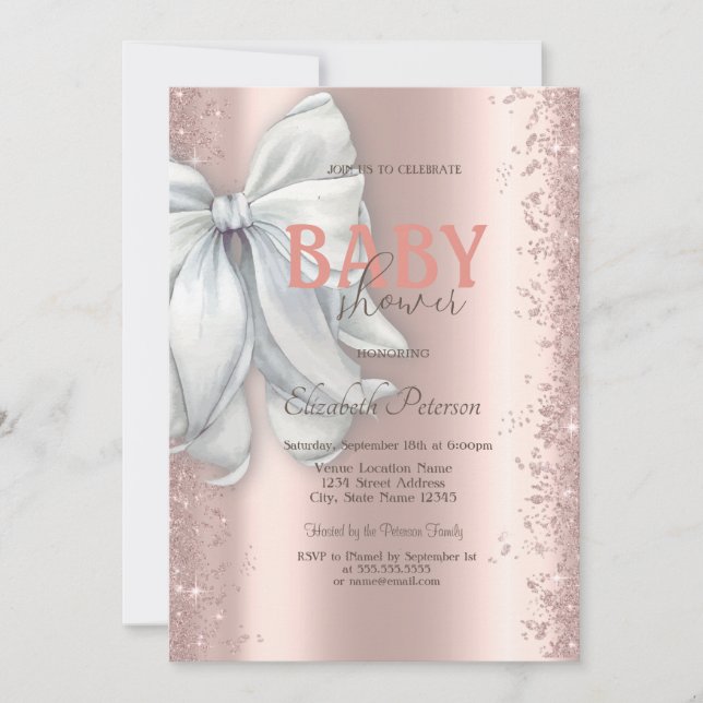 Rose Gold Glitter Confetti White Bow Baby Shower Invitation (Front)