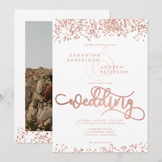 Rose gold glitter confetti white wedding photo invitation (Front/Back)