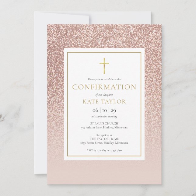 Rose Gold Glitter Confirmation Invitation (Front)