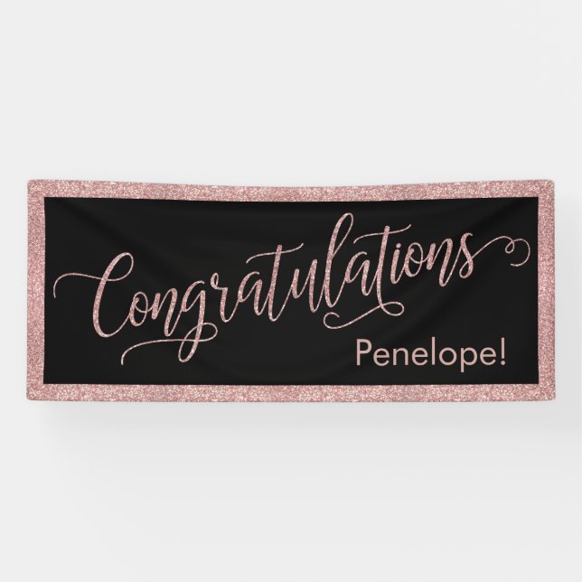 Rose Gold Glitter Congratulations Typography Black Banner (Horizontal)