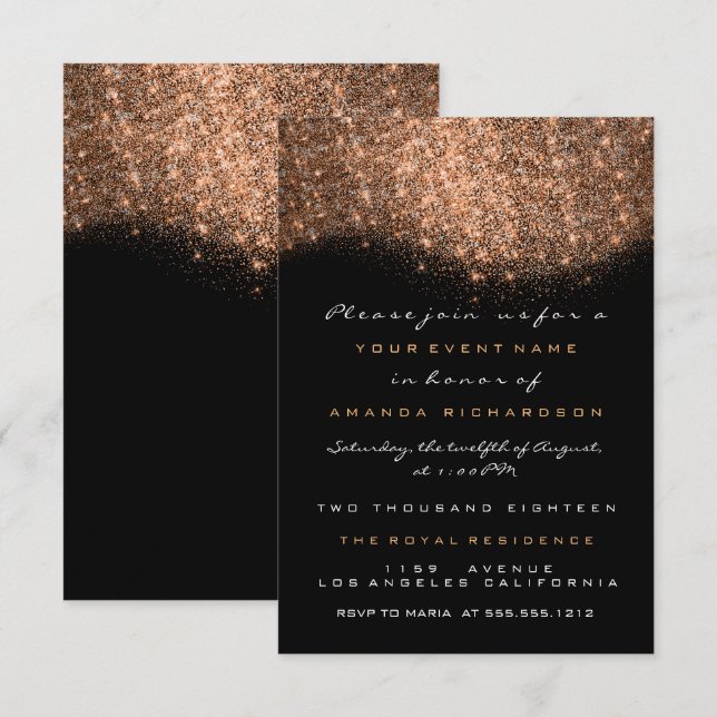 Rose Gold Glitter Copper Black Formal Invitation (Front/Back)