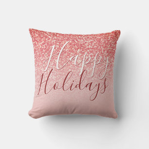 Rose Gold Glitter Coral Ombre Happy Holidays Cushion