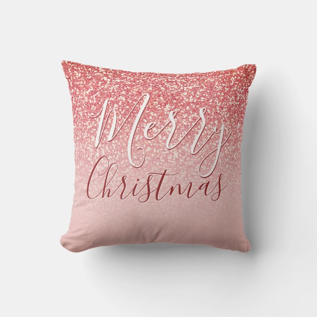 Rose Gold Glitter Coral Ombre Merry Christmas Cushion (Front)