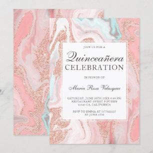 Rose gold glitter coral pink marble Quinceanera Invitation