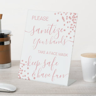 Rose Gold Glitter Covid Safety Sanitise & Mask  Pedestal Sign
