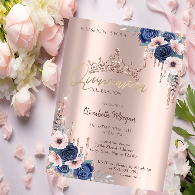  Rose Gold Glitter Crown Drop, Roses Quinceañera   Invitation (Creator Uploaded)