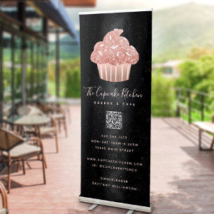 Rose Gold Glitter Cupcake QR Code on Black Bakery Retractable Banner