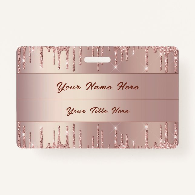 Rose Gold Glitter Custom Business Your Name Badge ID Badge (Front)