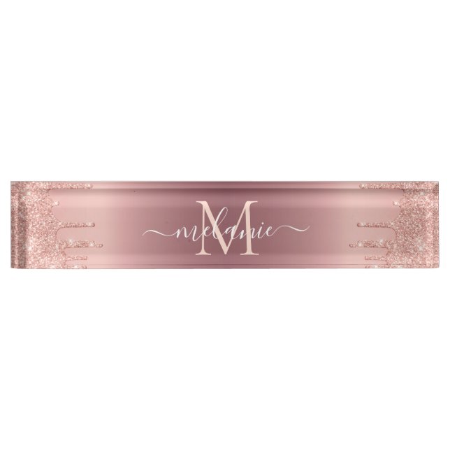 Rose Gold Glitter Custom Letter Name Desk Plate (Front)