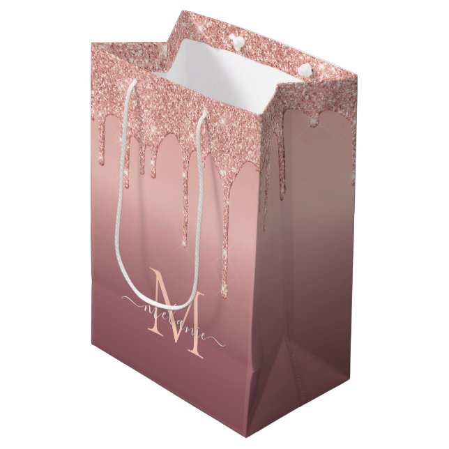 Rose Gold Glitter Custom Letter Name Gift Bag (Front Angled)