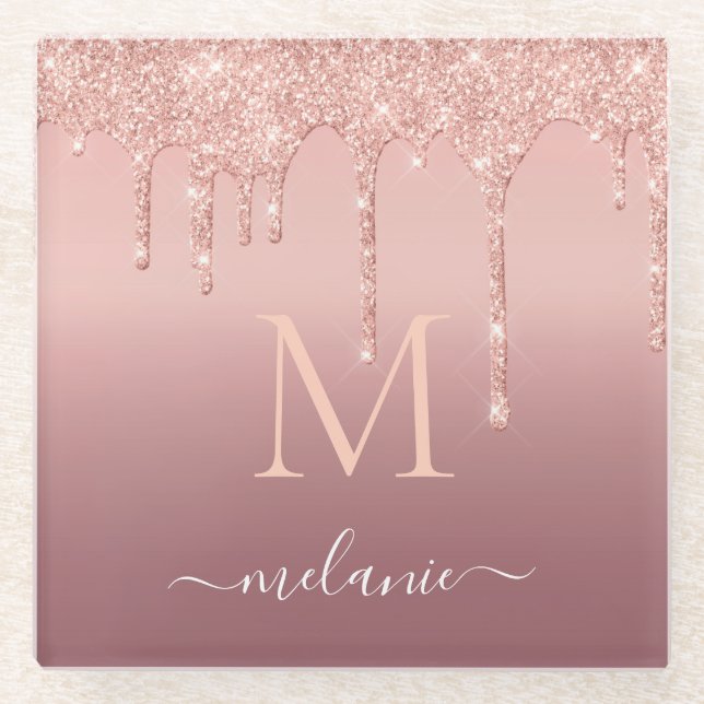 Rose Gold Glitter Custom Letter Name Glass Coaster (Front)