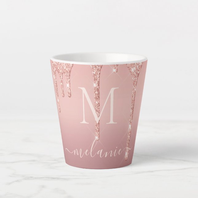 Rose Gold Glitter Custom Letter Name Latte Mug (Front)