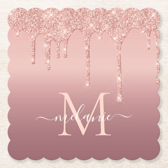 Rose Gold Glitter Custom Letter Name Paper Coaster (Front)