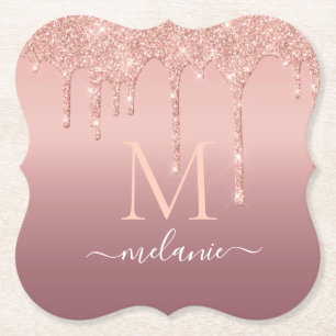 Rose Gold Glitter Custom Letter Name Paper Coaster