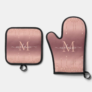 Rose Gold Glitter Custom Letter Name Personalised Oven Mitt & Pot Holder Set