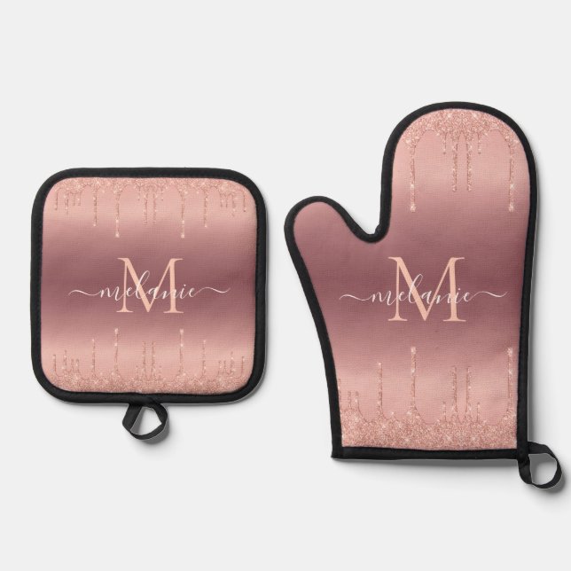Rose Gold Glitter Custom Letter Name Personalised Oven Mitt & Pot Holder Set (Front)