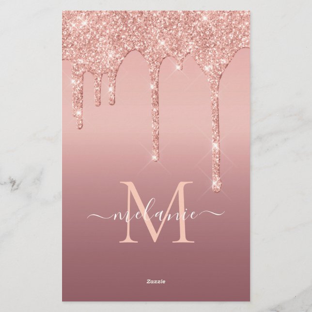 Rose Gold Glitter Custom Letter Name Stationery (Back)