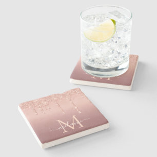 Rose Gold Glitter Custom Letter Name Stone Coaster
