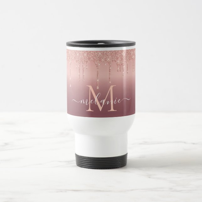 Rose Gold Glitter Custom Letter Name Travel Mug (Center)