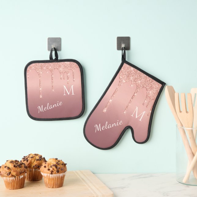 Rose Gold Glitter Custom Name Letter Personalised Oven Mitt & Pot Holder Set (Insitu(Hanging))
