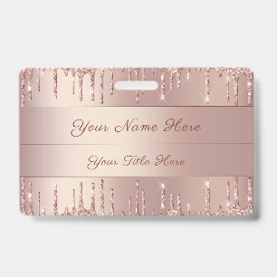 Rose Gold Glitter Custom Text Name Badge Template  ID Badge