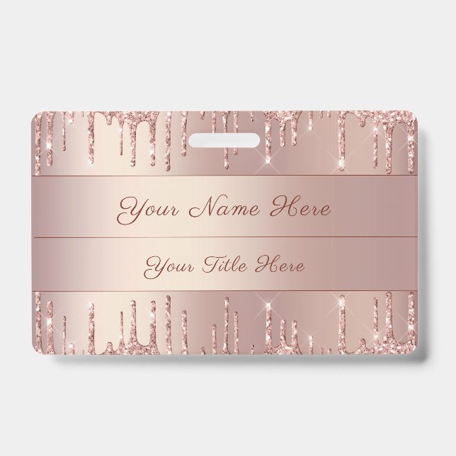 Rose Gold Glitter Custom Text Name Badge Template  ID Badge (Front)