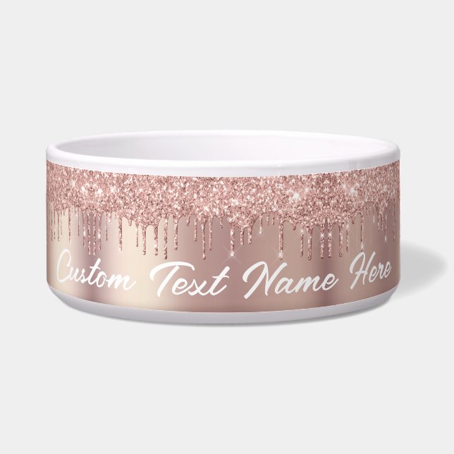 Rose Gold Glitter Custom Text Name Pet Bowl (Front)