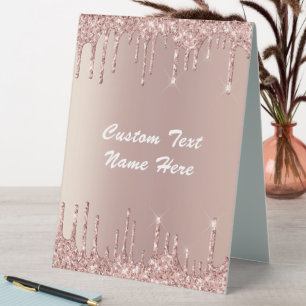 Rose Gold Glitter Custom Text Name Table Tent Sign